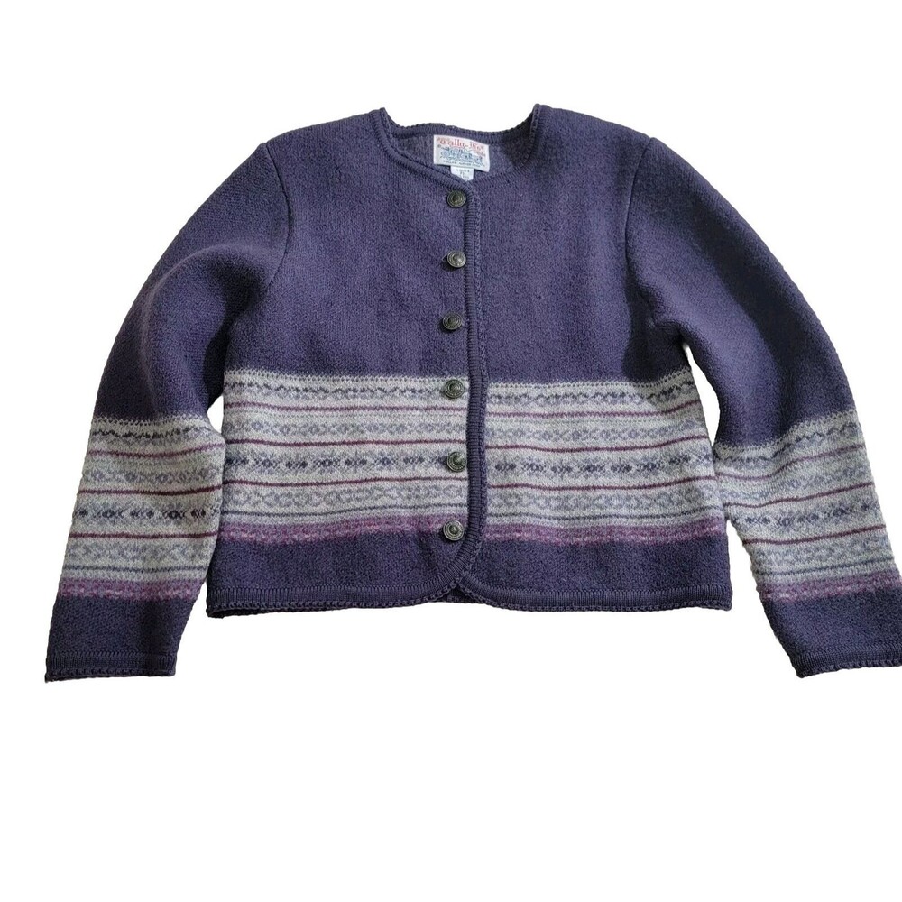 Vintage Tally Ho Boiled Wool Cardigan Sweater Jacket Purple Fair Isle Size‎ PS